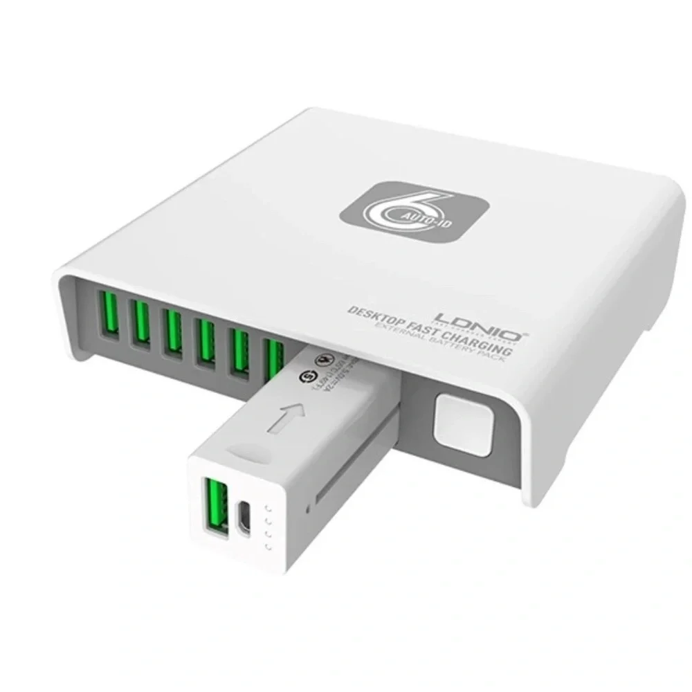 LDNIO USB charger with 6 ports. Features a sleek white design
